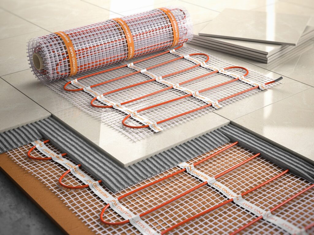 Underfloor heating installation concept. Mat elecric heating system